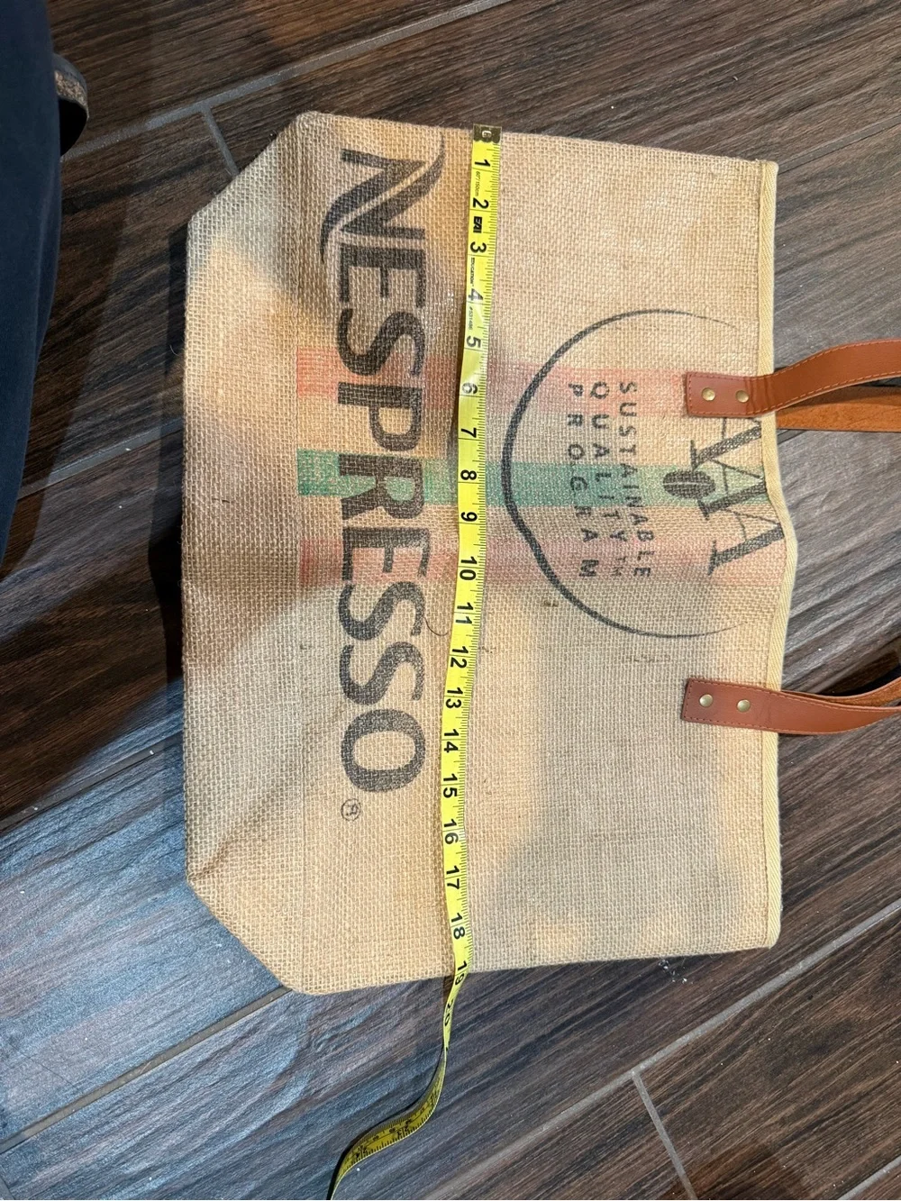 Nespresso Beige Jute Tote with Brown Leather Handles and Logo